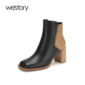 westory2020冬季新款真皮漆皮高跟靴英伦风切尔西靴女W20DS80121