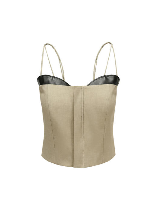 【猫耳】浅半圆领口设计环保PU皮质拼接燕麦浅驼吊带上衣/220018 商品图4