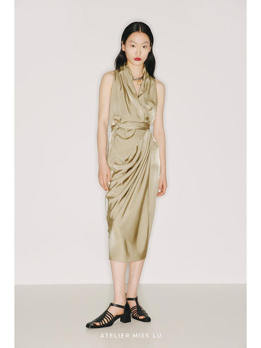 【雕塑】腰间系带设计浅金绿立裁垂褶裹身连衣裙/22000010 商品图0