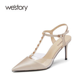 westory女鞋2021夏季新款真皮尖头高跟细跟一字带凉鞋W21AH53571