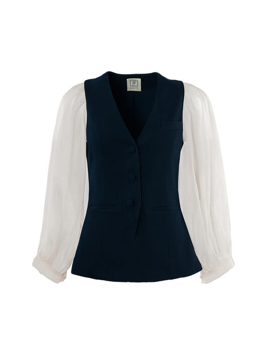 【骑士公主】象牙白透纱廓形长袖拼接藏青收腰马甲/220016B 商品图4