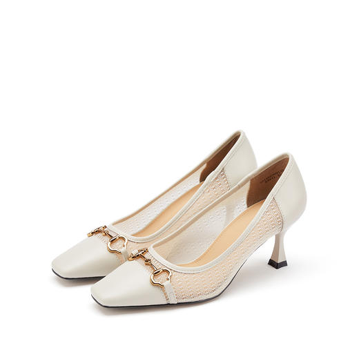 westory女鞋2021夏季新款马衔扣网纱方头百搭通勤细高跟浅口单鞋女S21AE53601 商品图0