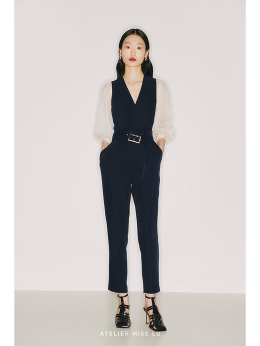 【彼方夜空】藏青高腰复古方扣腰带烟管长裤/00096 商品图0