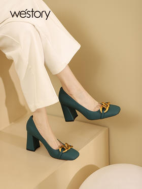 westory2021秋季新品气质复古小方头粗跟高跟鞋W21CE71491