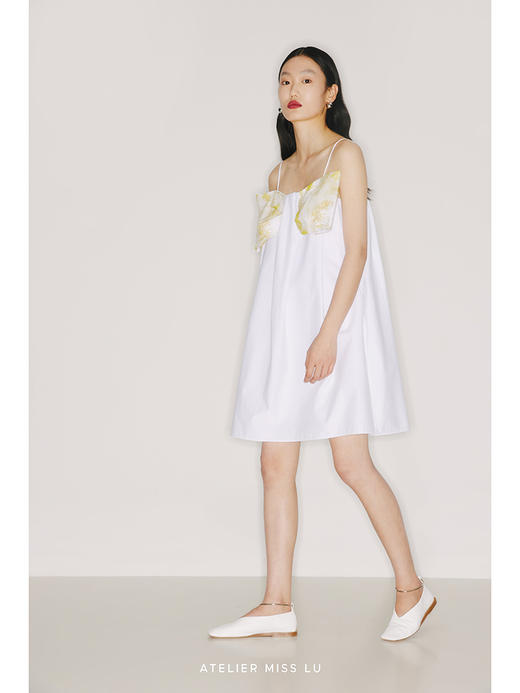 【棉花糖】品牌定制桑蚕丝印花造型蝴蝶结廓形吊带连衣裙/22000032B 商品图1