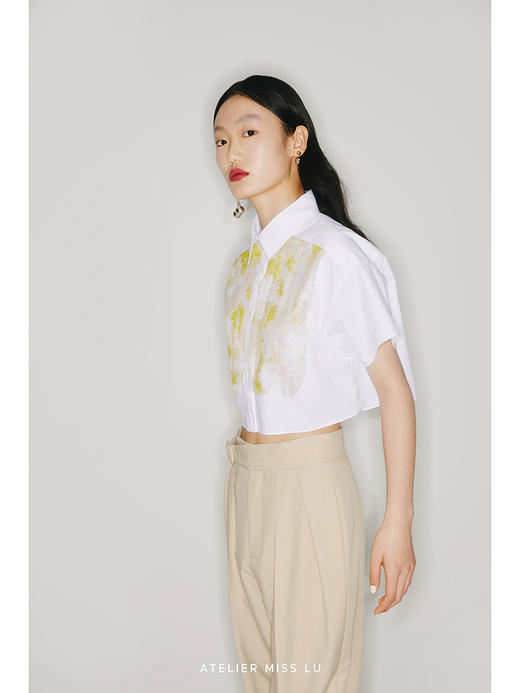 【繁花乐园】品牌定制桑蚕丝印花拼接纯白衬衣/220012B 商品图1