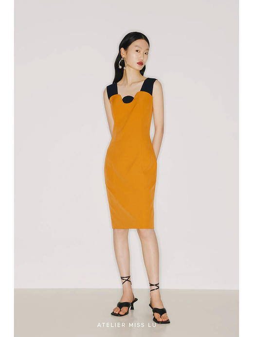 【午后海平线】圆半初升领口设计日落黄撞色修身连衣裙/22000026B 商品图2