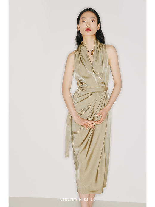 【雕塑】腰间系带设计浅金绿立裁垂褶裹身连衣裙/22000010 商品图2