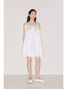 【棉花糖】品牌定制桑蚕丝印花造型蝴蝶结廓形吊带连衣裙/22000032B