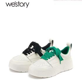 westory2022年春季新款真皮小白鞋厚底透气拼色时髦休闲鞋系带S22AM54611
