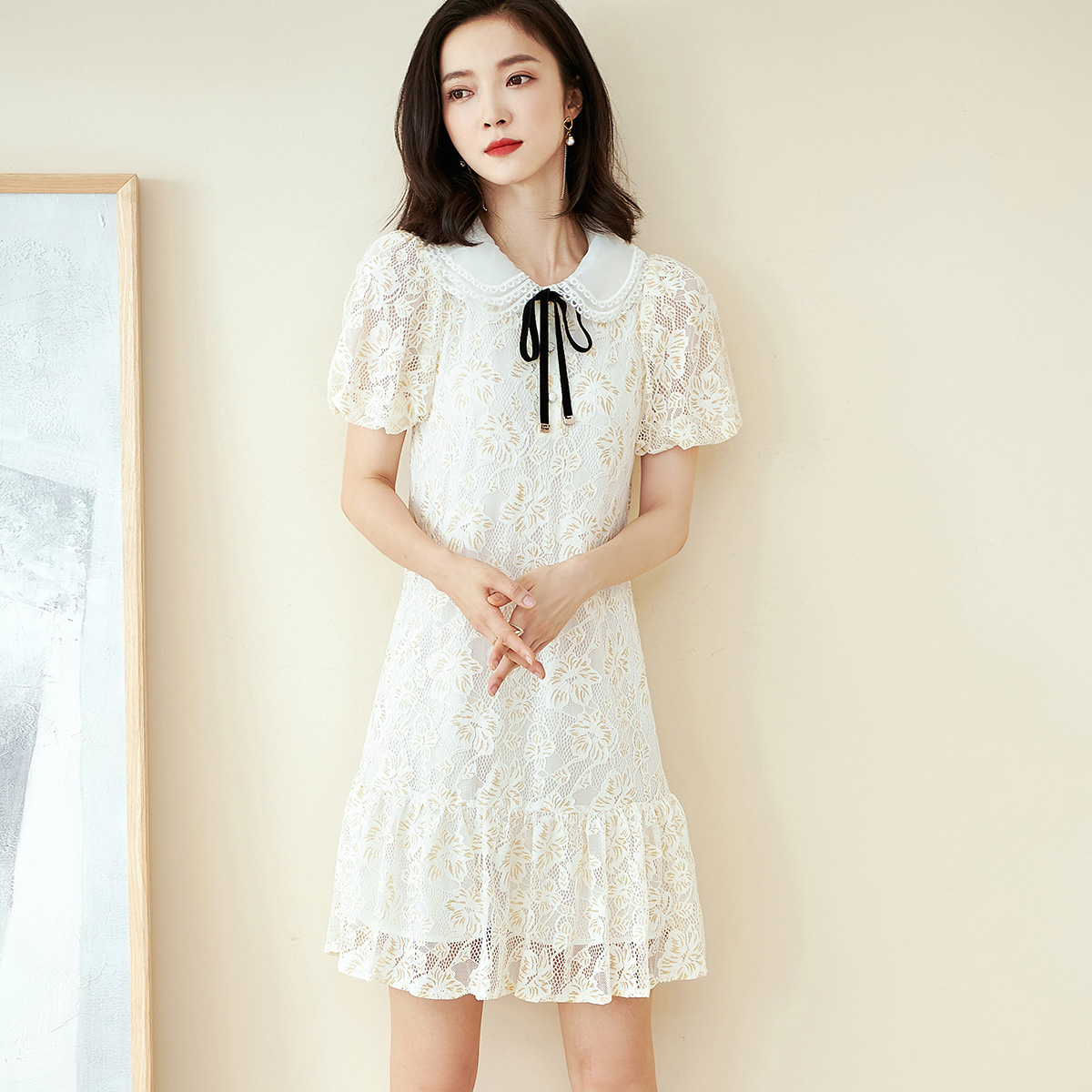 剩S/M/L/XL 芳外 夏季温婉优雅蕾丝中长裙宽松灯笼袖连衣裙1025