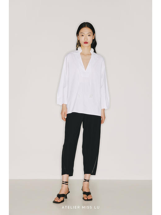 【日光浴】手工圆片拼接设计V领飘带纯白衬衫/220020 商品图0