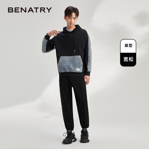 贝纳川宽松复古牛仔拼接卫衣男潮ins连帽情侣外套ECY324021402 商品图3