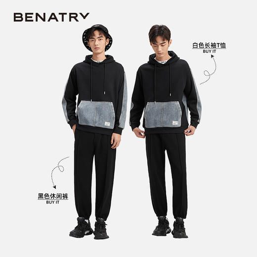 贝纳川宽松复古牛仔拼接卫衣男潮ins连帽情侣外套ECY324021402 商品图2