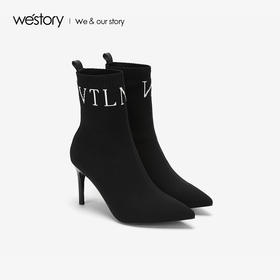 westory商场同款冬季袜子靴短筒弹力靴女靴高跟鞋W284C80001