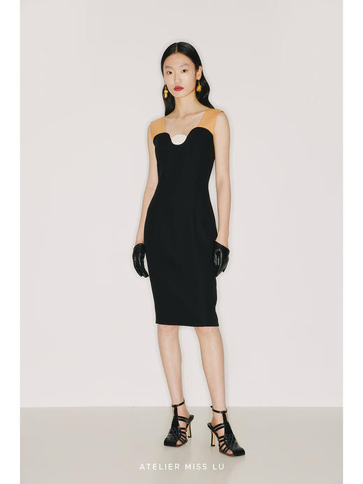 【午后海平线】圆半初升领口设计蜂蜜黄撞色肩带黑色修身连衣裙/22000026A 商品图3