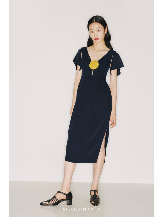 【光束】琉璃黄圆片撞色拼接伞袖藏青连衣裙/22000024 商品图2