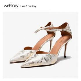 westory夏新品包头蛇纹高跟细跟网红ins潮凉鞋60701