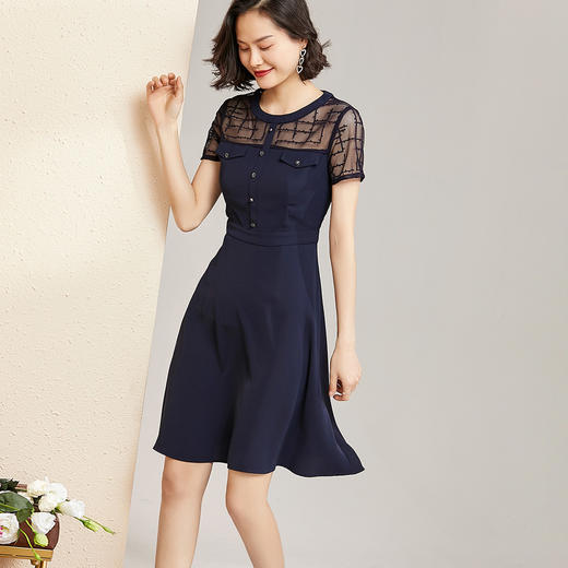 米思阳夏季新款气质优雅拼接镂空蕾丝修身显瘦短袖连衣裙1288 商品图3