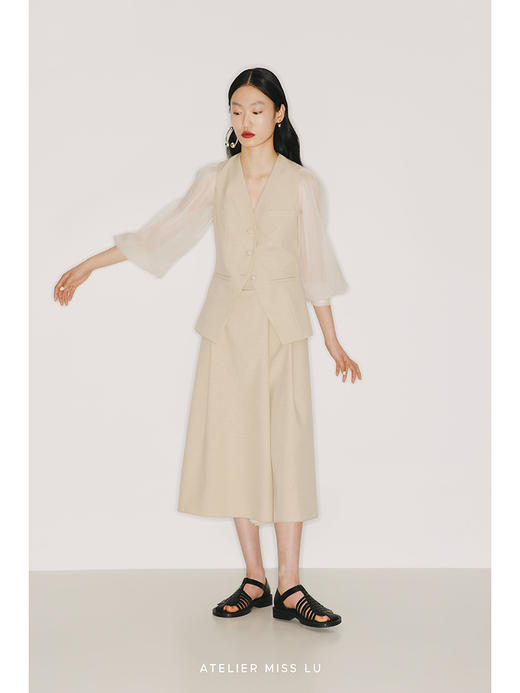 【骑士公主】象牙白透纱廓形长袖燕麦浅驼收腰马甲/220016A 商品图1