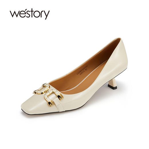 westory新品漆皮高跟鞋小方头金属扣单鞋细跟浅口通勤职场女鞋S22AE54291 商品图0