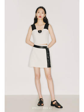 【直角浪漫】环保PU皮质撞色拼接浅青白小A字半裙/220009