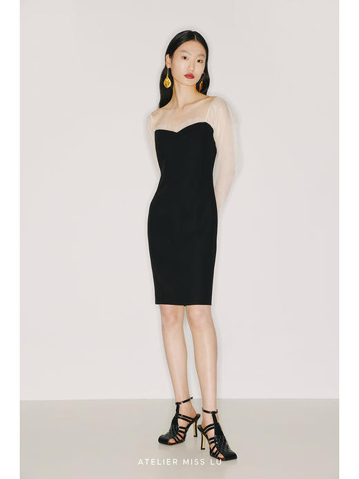 【鲸歌】爱心领薄纱拼接黑拼米白收腰连衣裙/2200007 商品图2