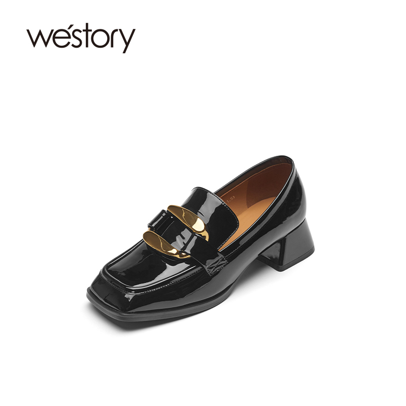 westory2021秋季气质英伦风马衔环扣粗跟小皮鞋S21CM7157111