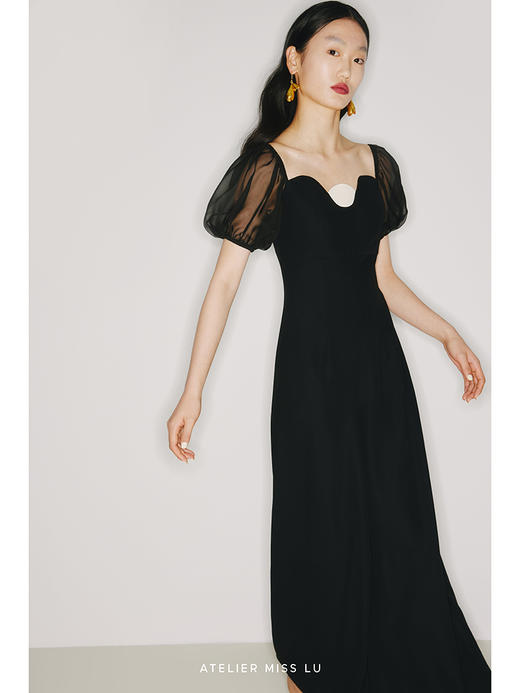 【圆半初升】不规则领口撞色设计纱袖拼接高腰阔腿连体裤/22000002 商品图1