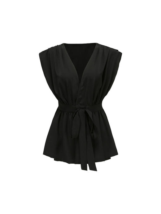 【竖琴】立裁垂褶设计高腰系带黑色宽肩上衣/220021A 商品图4