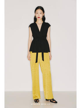 【竖琴】立裁垂褶设计高腰系带黑色宽肩上衣/220021A