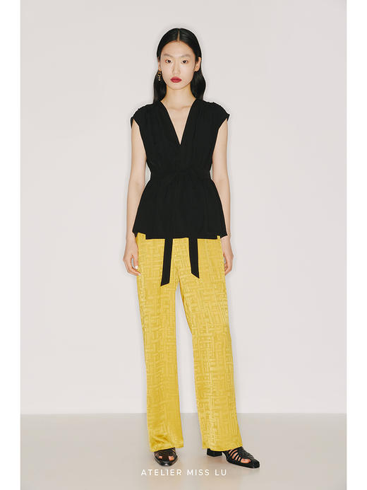 【竖琴】立裁垂褶设计高腰系带黑色宽肩上衣/220021A 商品图0