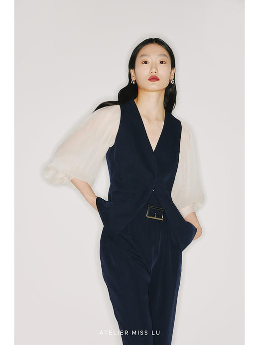 【彼方夜空】藏青高腰复古方扣腰带烟管长裤/00096 商品图3