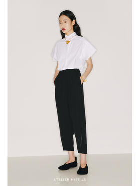 【极夜】环保PU皮质压边设计黑色高腰锥形裤/220005