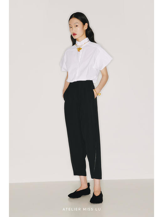 【极夜】环保PU皮质压边设计黑色高腰锥形裤/220005 商品图0