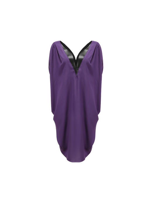 【微风】环保PU皮质撞色拼接浓郁紫立裁连衣裙/22000029 商品图4