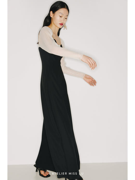 【月升王国】圆半初升领口设计象牙白薄纱拼接黑色高腰连体裤/22000003 商品图2