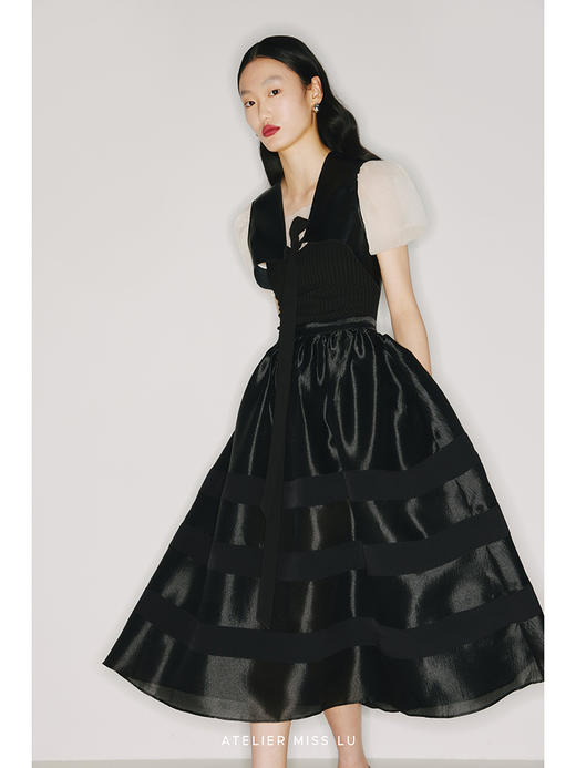 【旋转木马】条纹拼接欧根纱黑色复古高腰伞裙/220003 商品图3