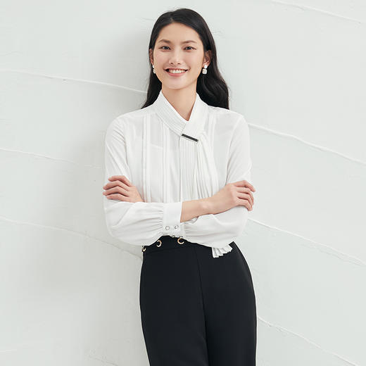 EITIE爱特爱气质飘带直筒雪纺衫女春季新款洋气通勤白色显瘦6513209 商品图1