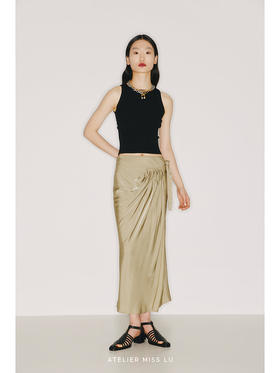 【泰西丝】浅金绿可调节腰围一片式裹身立裁半裙/2200011