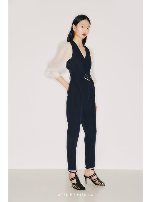 【骑士公主】象牙白透纱廓形长袖拼接藏青收腰马甲/220016B 商品图1