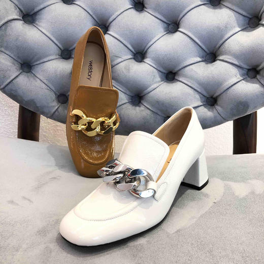westory乐福鞋女2021春季新款链条真皮高跟一脚蹬单鞋52881 商品图0