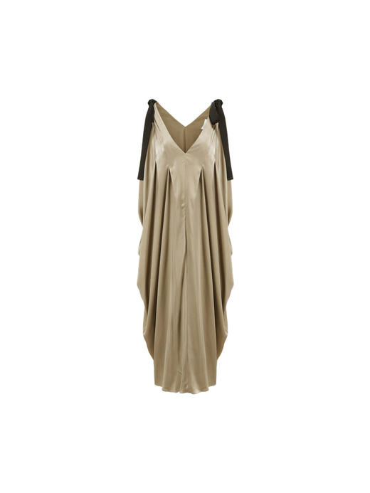 【流金琥珀】肩部飘带设计立裁垂褶浅金绿V领无袖连衣裙/2200009 商品图4