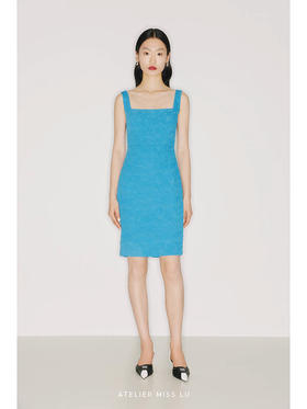 【微风伊比萨】伊比萨蓝质感肌理面料方领吊带包身连衣裙/2200005
