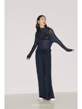 【流光】顺滑丝质藏青垂感长裤/2200014