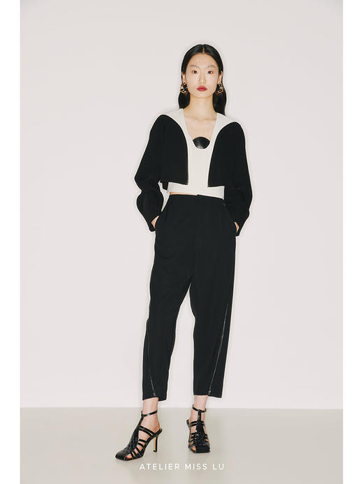 【极夜】环保PU皮质压边设计黑色高腰锥形裤/220005 商品图1