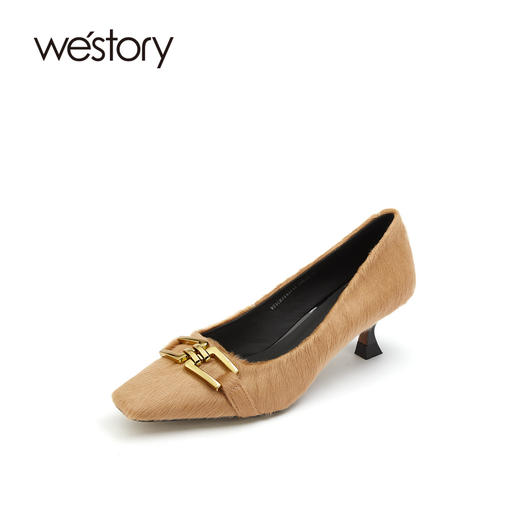 westory2021秋季新品气质方头绒面金属马扣高跟女鞋W21CE71431 商品图0