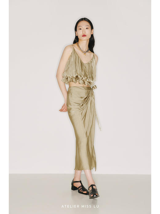 【泰西丝】浅金绿可调节腰围一片式裹身立裁半裙/2200011 商品图3