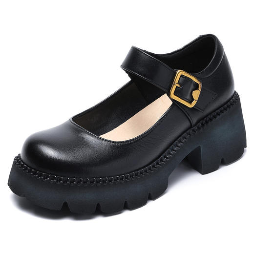 厚底小皮鞋，皮带扣单鞋真皮日系JK复古粗跟浅口玛丽珍鞋ZM22087 商品图5