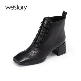 westory2021秋季新款粗跟时装靴系带压纹方头短靴S21DS44621